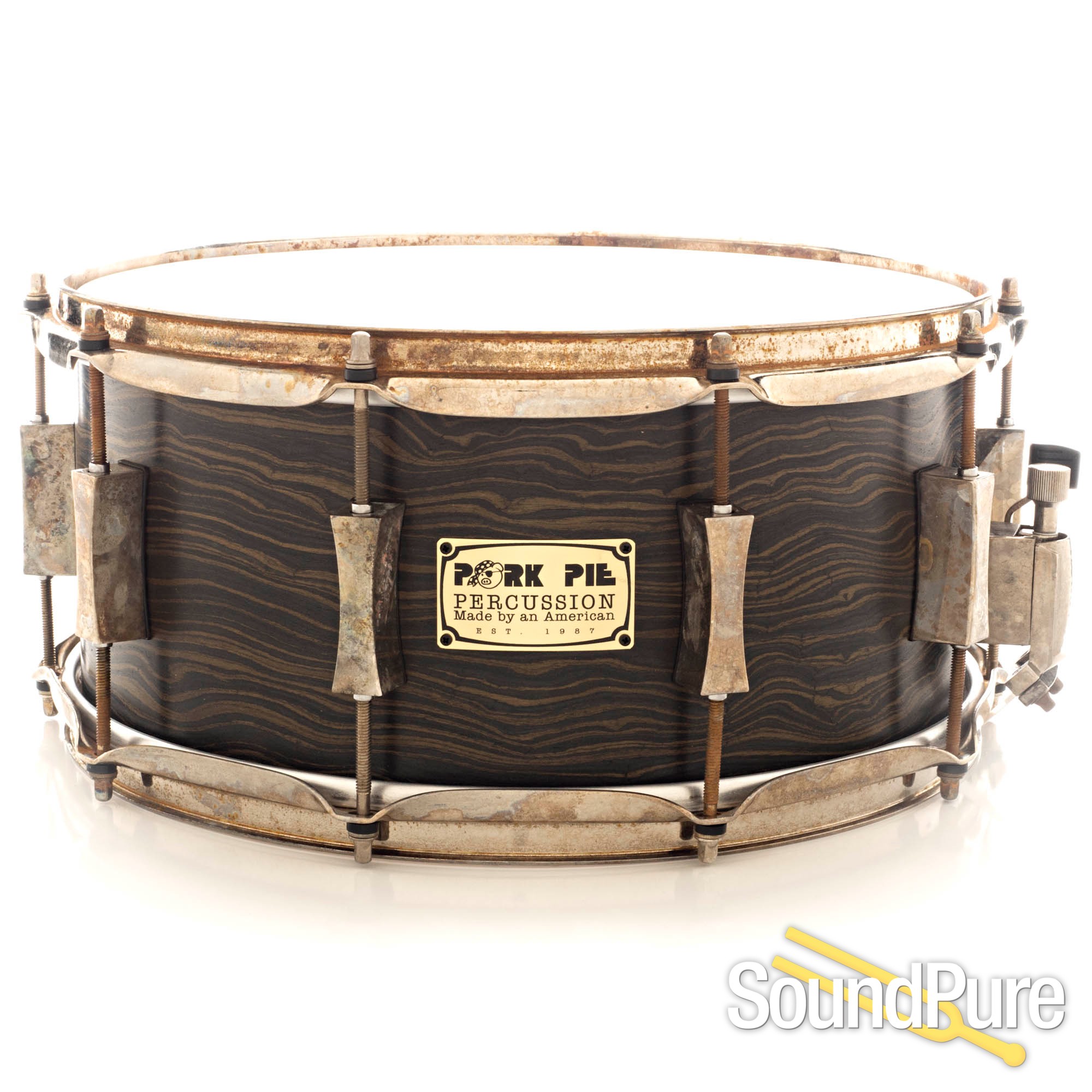 Pork Pie 6.5x14 Maple Snare Drum Wavy Ebony Aged Hardware