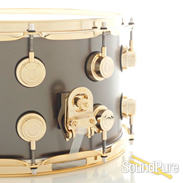 DW 8x14 Collectors Black Satin over Brass Snare Drum-Gold — image 2