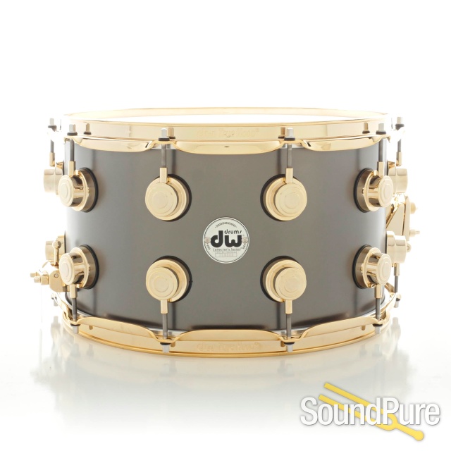 DW 8x14 Collectors Black Satin over Brass Snare Drum-Gold — image 1