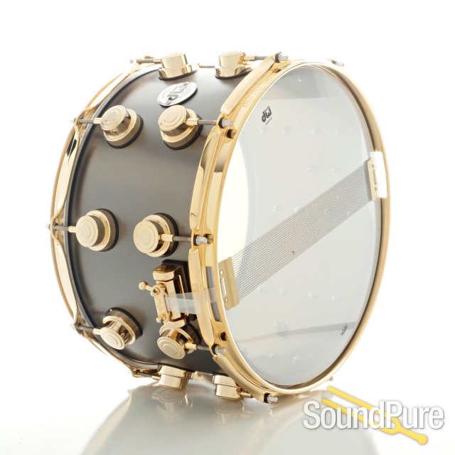 DW 8x14 Collectors Black Satin over Brass Snare Drum-Gold — image 3