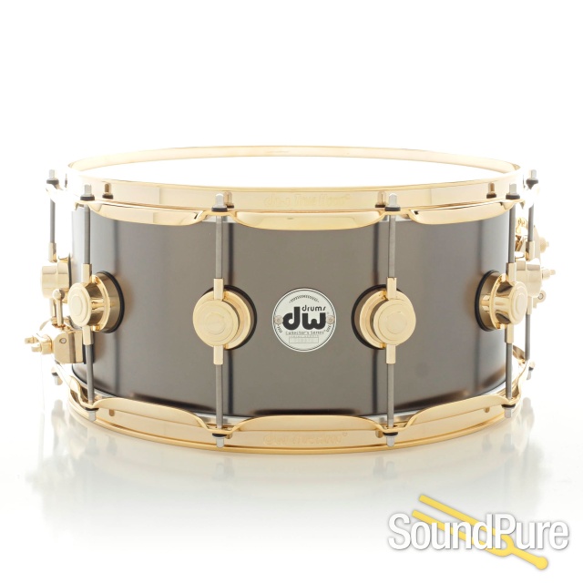 DW 6.5x14 Collectors Black Satin over Brass Snare Drum-Gold — image 1