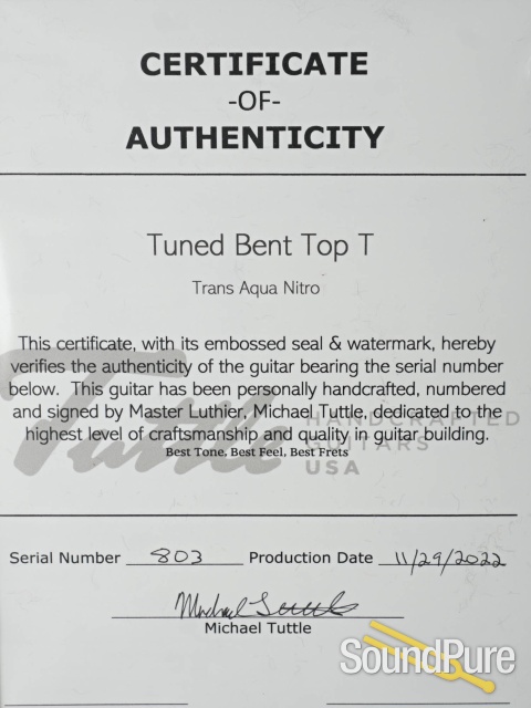 Tuttle Tuned Bent Top T Trans Aqua Nitro Guitar #803 — image 5