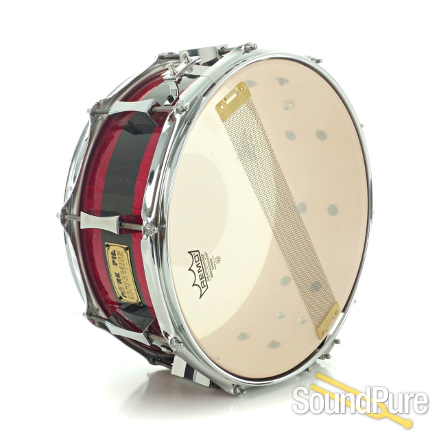 Pork Pie 6x14 Maple Snare Drum Red/Black Wrap - Used — image 4