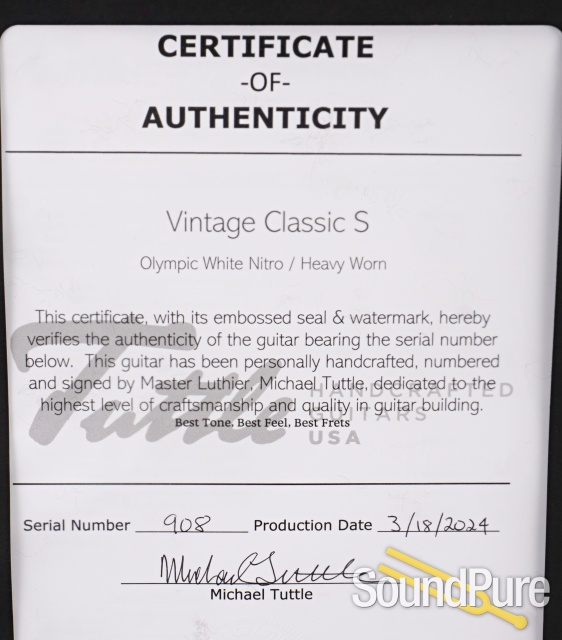 Tuttle Vintage Classic S Heavy Age Olympic White Guitar #908 — image 5